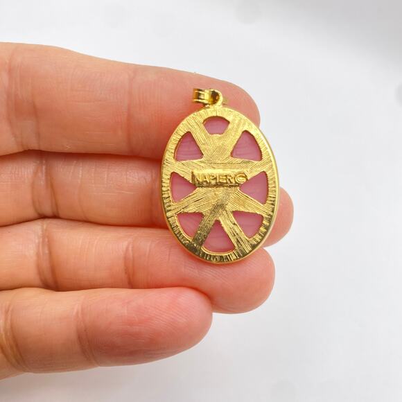 Vintage Signed NAPIER Pink Art Glass Oval Pendant 10K Gold Plated - Picture 3 of 4